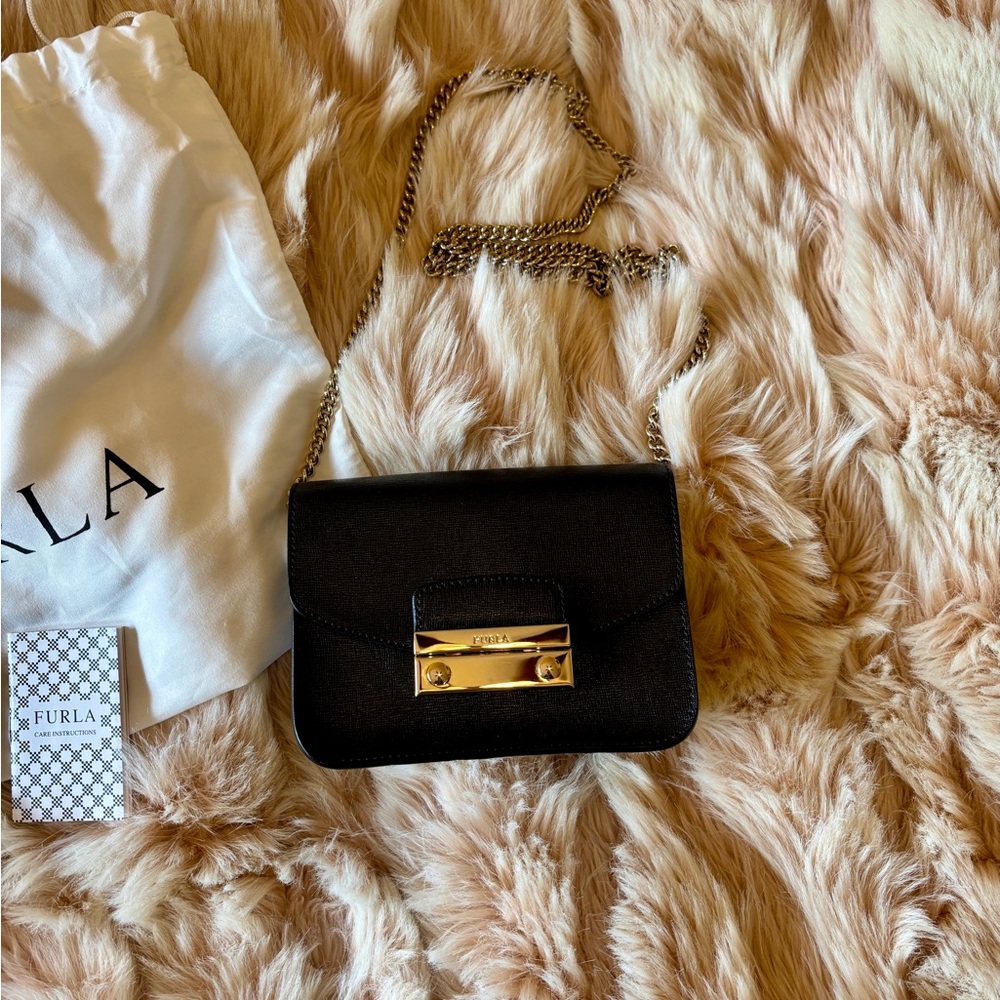 Furla Black Leather Chain Crossbody Bag